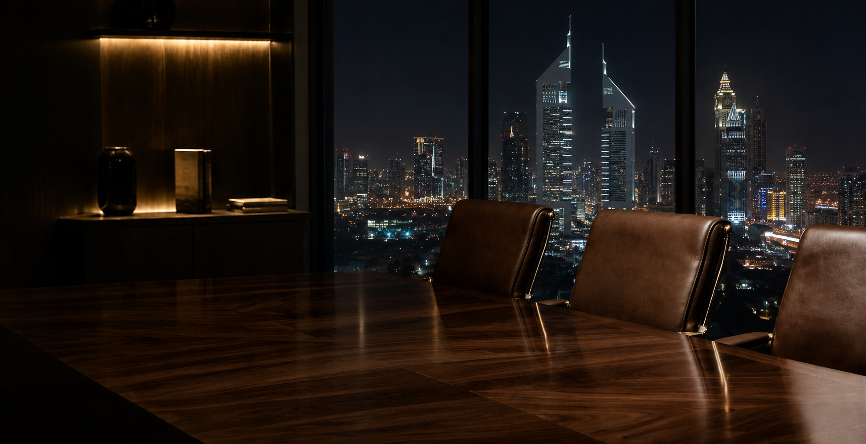 Private boardroom overlooking Dubai skyline at night