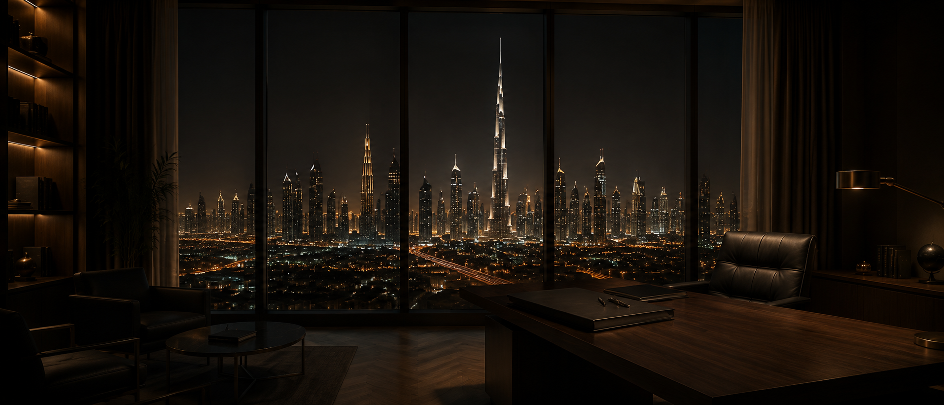 Executive office overlooking the Dubai skyline at night
